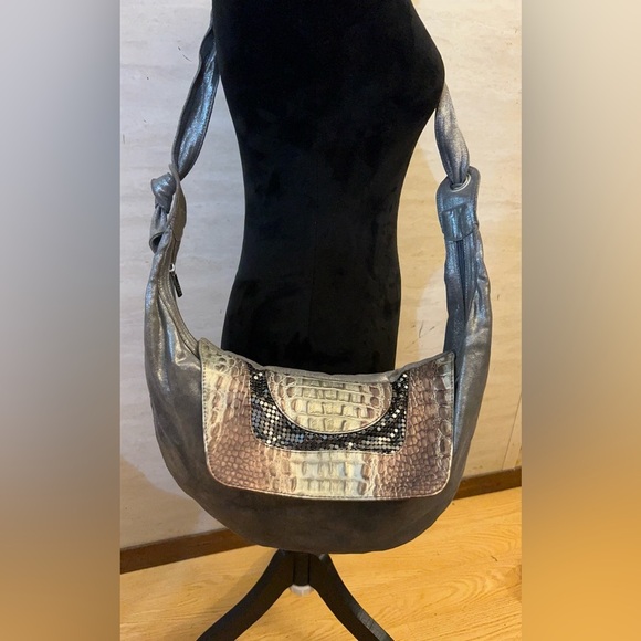 Treesje Handbags - Treesje Metallic Leather Silver Croc-Texture Shoulder Bag with Sequin Trim